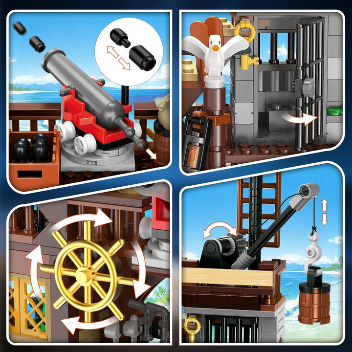 HOGOKIDS Piratenhafen Bauset mit LED, 3 Darstellungsmodi Piratenschiff-Haus-Bauspielzeug, kreatives