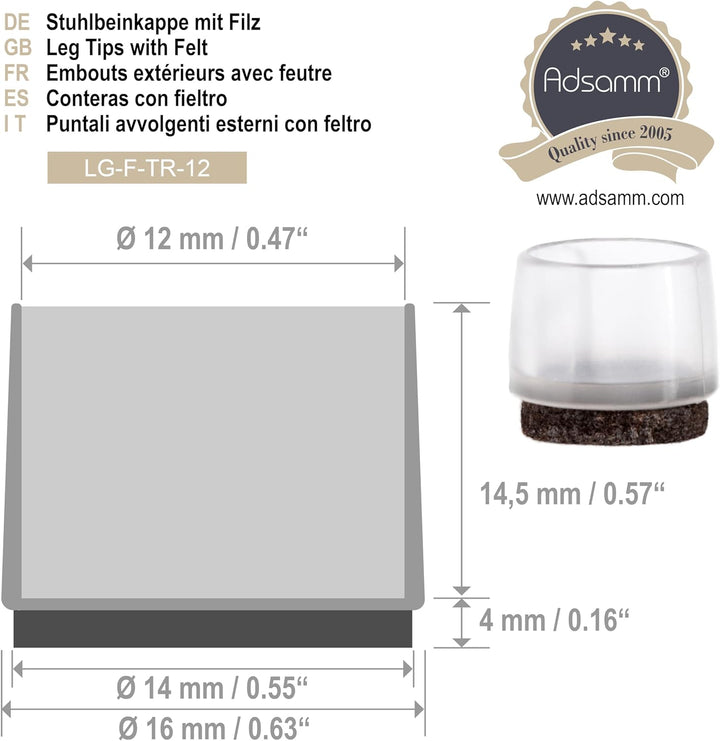 Adsamm® / 32 x Stuhlbeinkappen mit Filz / Transparent / Ø 11 - 12 mm / rund / Filz-Möbelgleiter für