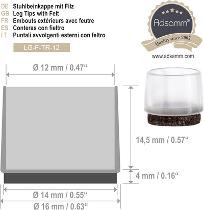 Adsamm® / 32 x Stuhlbeinkappen mit Filz / Transparent / Ø 11 - 12 mm / rund / Filz-Möbelgleiter für