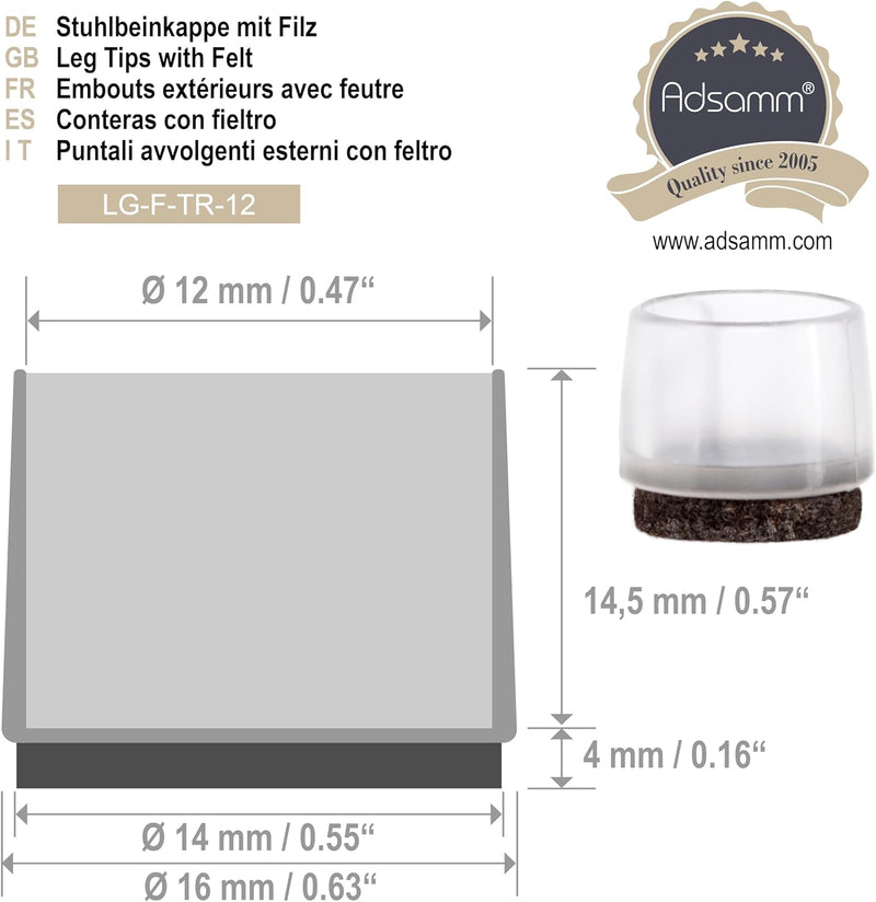 Adsamm® / 32 x Stuhlbeinkappen mit Filz / Transparent / Ø 11 - 12 mm / rund / Filz-Möbelgleiter für