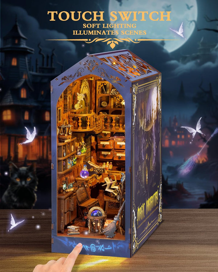 Quanquer DIY Book Nook Kit_mit Staubschutz und LED-Licht 3D hölzerne Nook Book Book Nook Bibliothek_