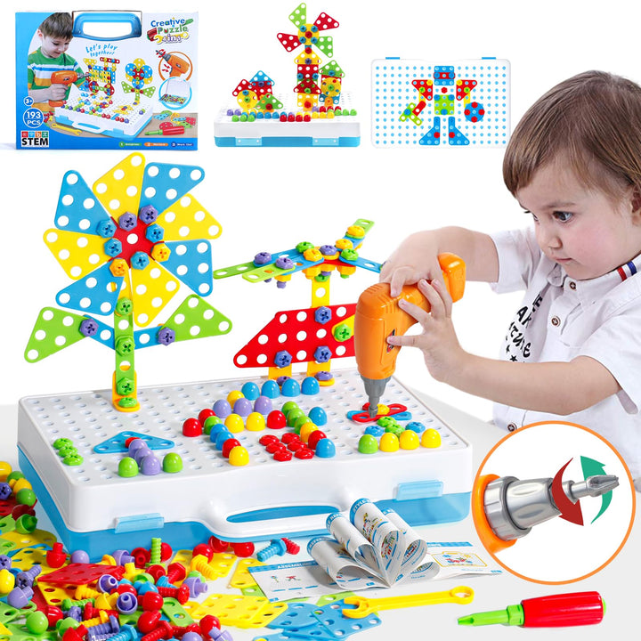Steckspiel Spiele ab 3 Jahren Mosaik mit Elektrische Bohrmaschine, 3D Puzzle Montessori Spielzeug ab
