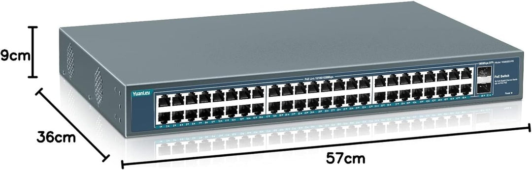 YuanLey 48 Port Gigabit PoE Switch Unmanaged mit 2 1000Mbps SFP Uplink, 50 Port 802.3af/at 800W High