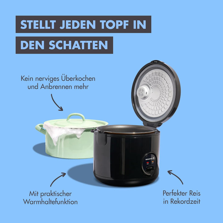 Reishunger Reiskocher &amp; Dampfgarer mit Keramikbeschichtung, Schwarz - Für 1-6 Personen - Schnelle Zu