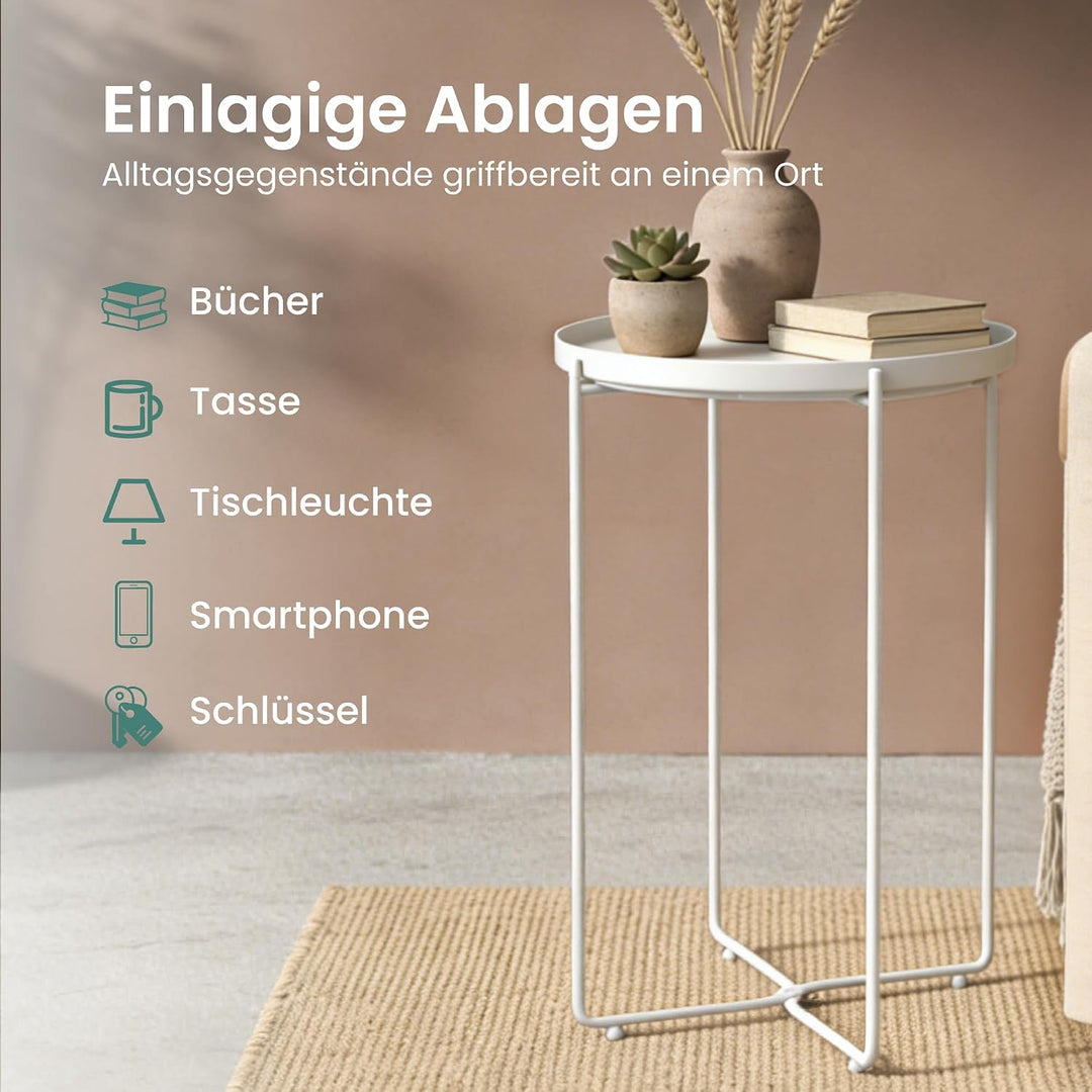 Mai &amp; Mai Beistelltisch rund Ø37×H51 cm, Couchtisch klein Weiss | Balkontisch mit abnehmbarem Tablet