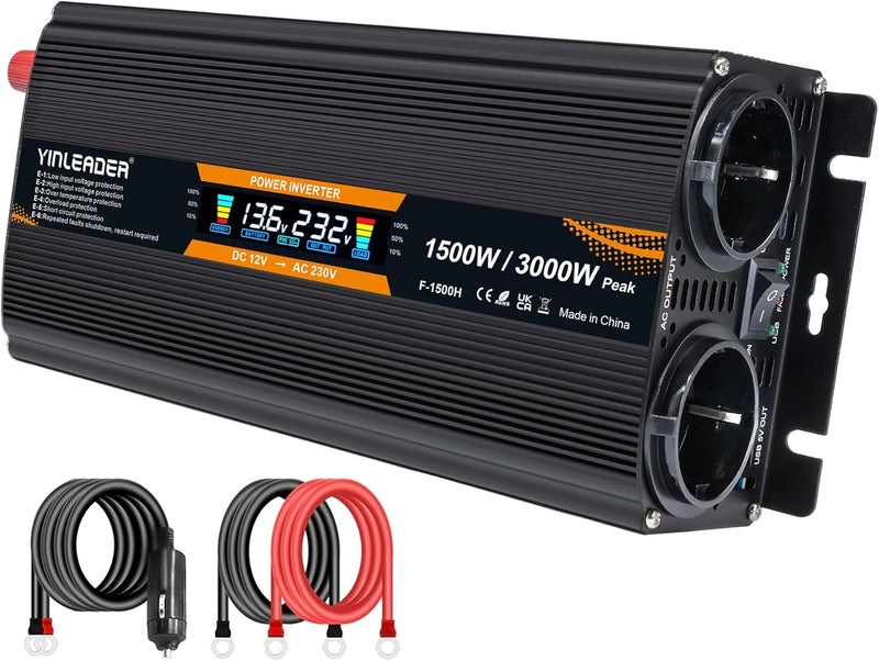 Spannungswandler 12V 230V 1500W 3000 Watt Wechselrichter LCD | stromumwandler mit 2 Steckdose