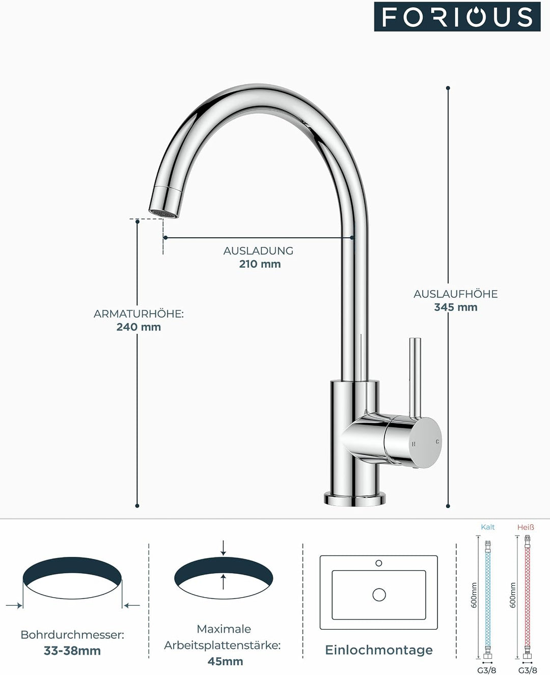 FORIOUS Küchenarmatur, Wasserhahn Küche Mischbatterie, 360° Schwenkbar, Heiss und Kaltwasserregelung