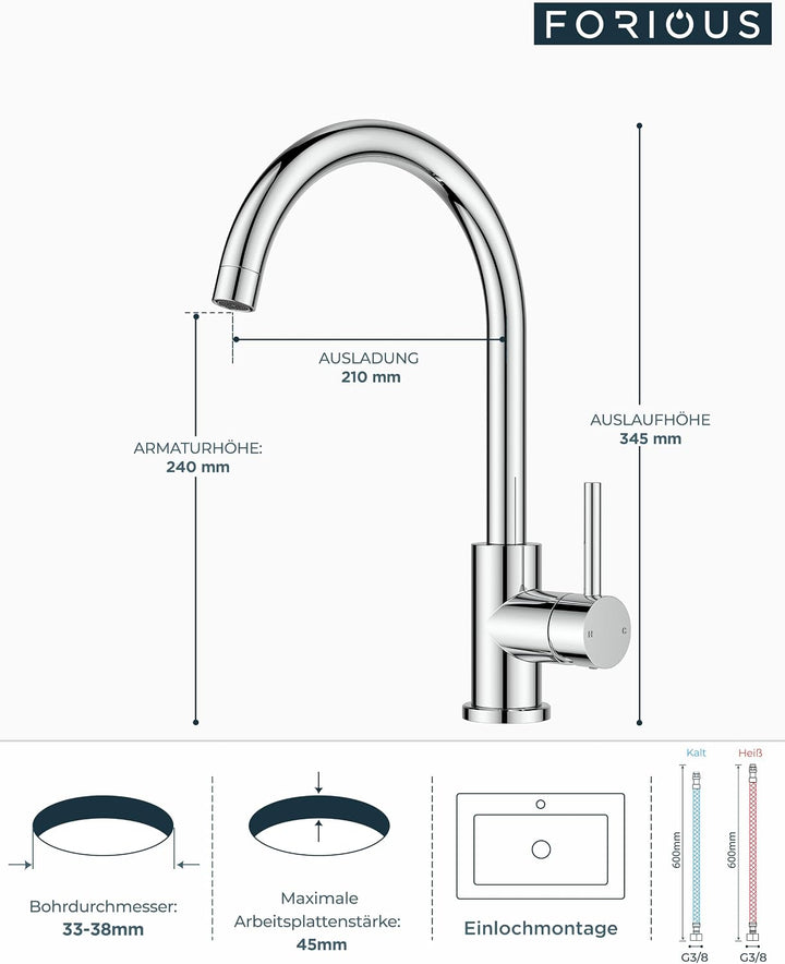 FORIOUS Küchenarmatur, Wasserhahn Küche Mischbatterie, 360° Schwenkbar, Heiss und Kaltwasserregelung