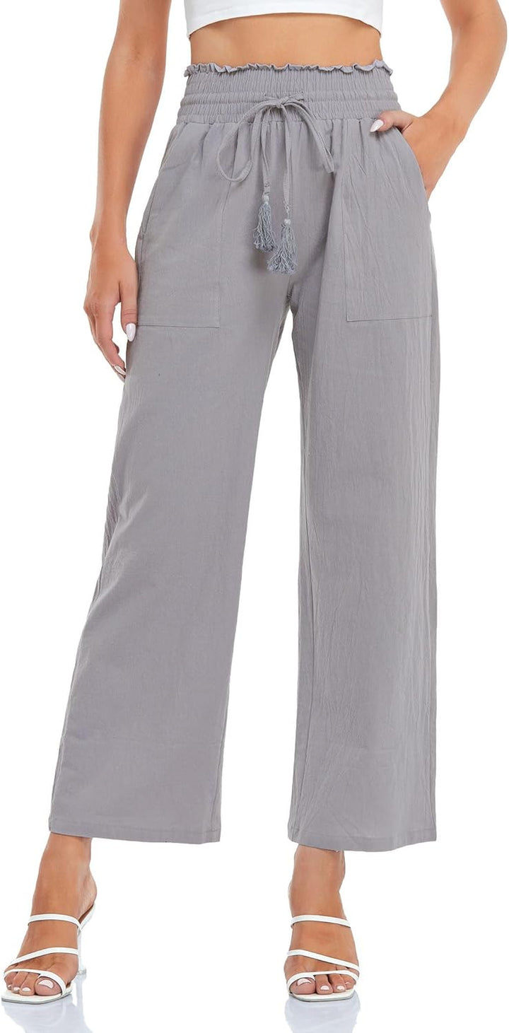 Famulily Leinenhose Damen Sommer Weites Bein High Waist Palazzo Freizeithose Stoffhose Yogahose Mit