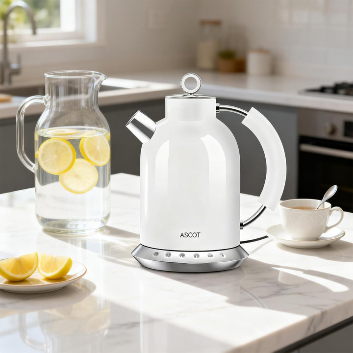 ASCOT Wasserkocher Edelstahl mit 5 variablen Voreinstellungen, elektrischer Teekessel Kaffee Wasserk
