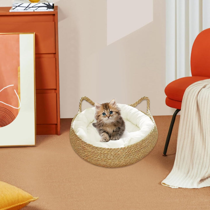 Gewebter Katzenbett, 15-Zoll-Strohhalm gewebte Katzenkörbe mit weichem Kissen, Kratzfeste runde Katz