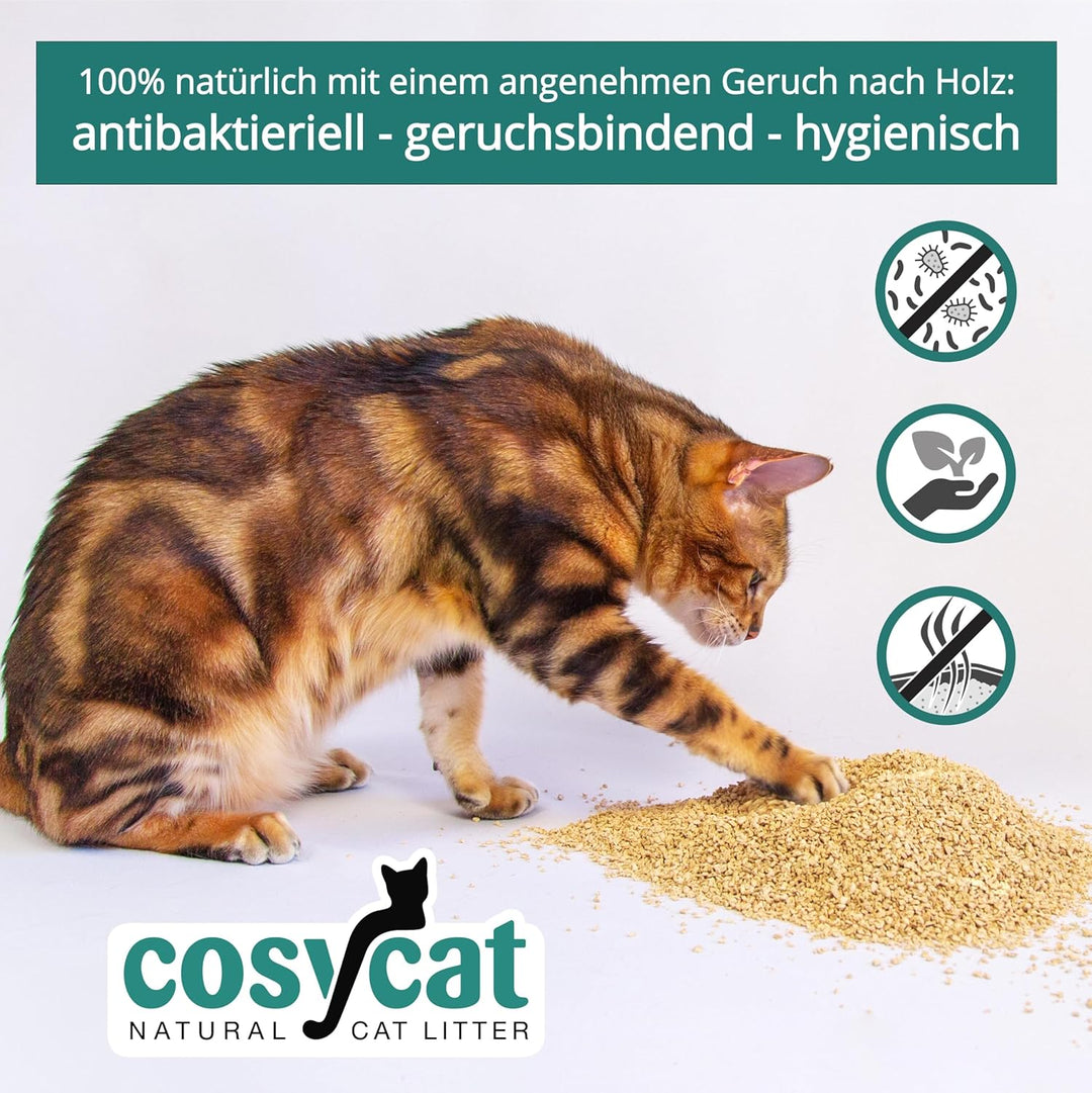 COSYCAT Klumpendes Bio-Katzenstreu aus Holz [100% Natürlich] – 40 l - in der Toilette entsorgbar – K