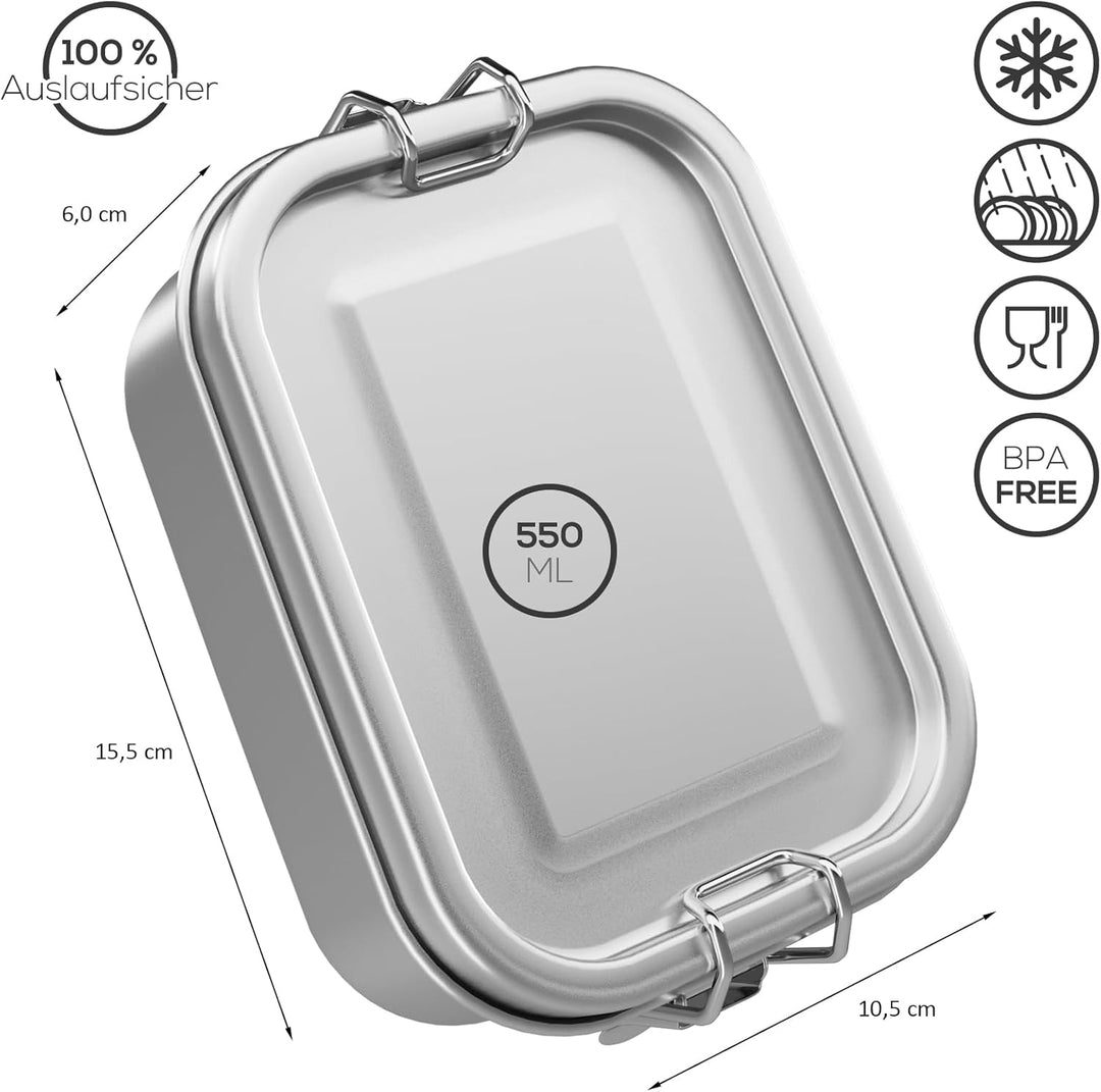 WELLGRO Edelstahl Dosen eckig - 550ml 850ml 1400ml 2400ml auslaufsicher Metall Brotdose Lunchbox, Ka