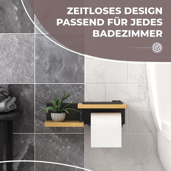 Toilettenpapierhalter Holz Bambus [KLEBEN oder Bohren] | hochwertiger Klopapierhalter ohne Bohren mi