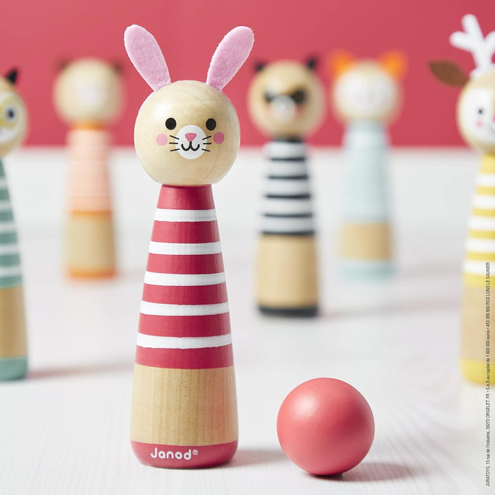 Janod - My First Happy Garden Kegelspiel, Kinderspiel für draussen, 6 Kegel und 2 Holzkugeln, ab 3 J