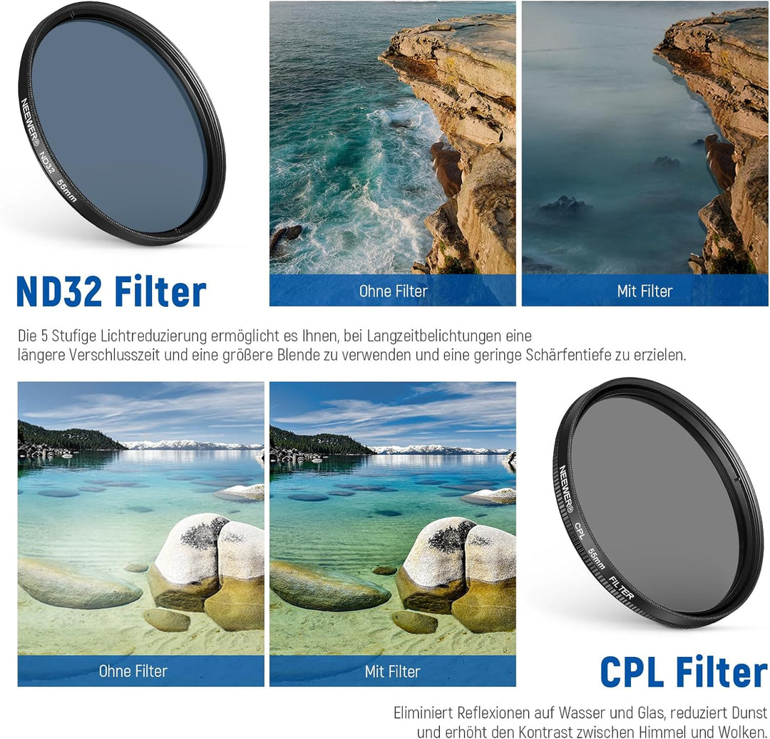 NEEWER 55mm ND+CPL+Effekt Filter Set mit Handy Phone Objektiv Klammer, Polfilter ND32, 6 Punkt Stern