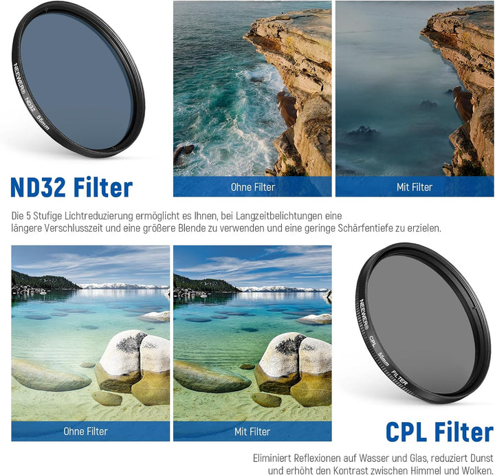 NEEWER 55mm ND+CPL+Effekt Filter Set mit Handy Phone Objektiv Klammer, Polfilter ND32, 6 Punkt Stern