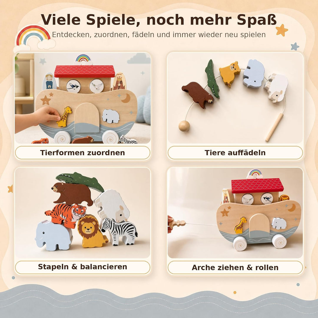 Arche Noah Holz, Montessori Spielzeug und Taufgeschenk ab 1 Jahr | Liebevolles Taufgeschenk: Arche N