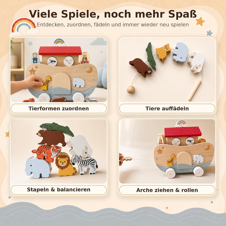 Arche Noah Holz, Montessori Spielzeug und Taufgeschenk ab 1 Jahr | Liebevolles Taufgeschenk: Arche N