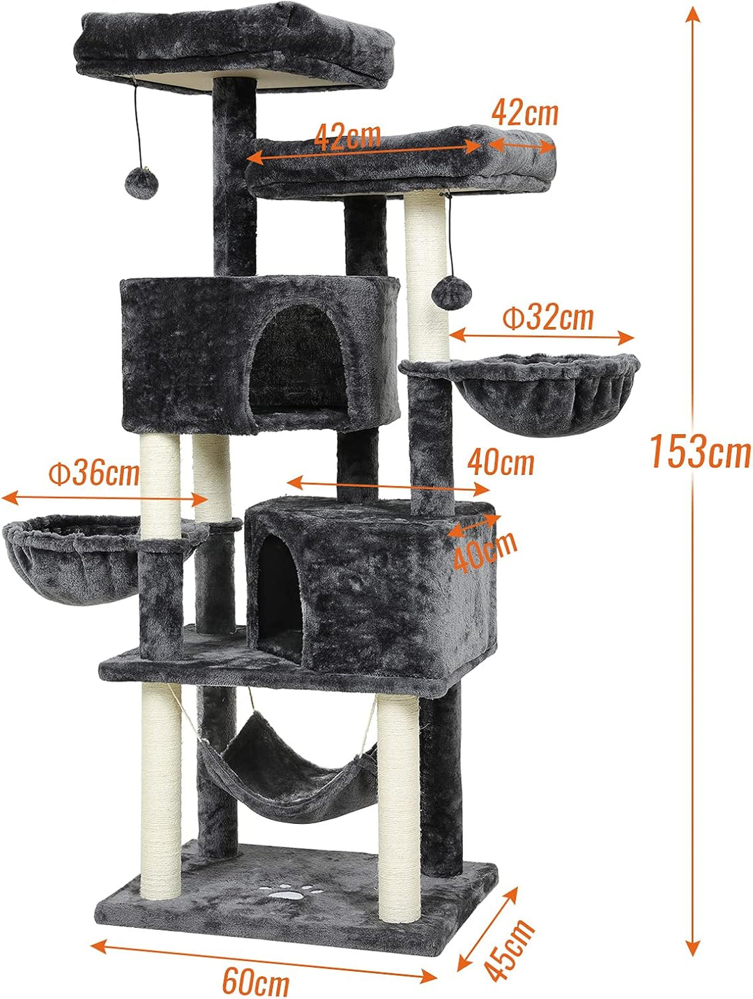 MSmask Kratzbaum gross 153 cm hoch, Katzenbaum für Gross Katzen mit 2 grosser Plattform, gross Höhle