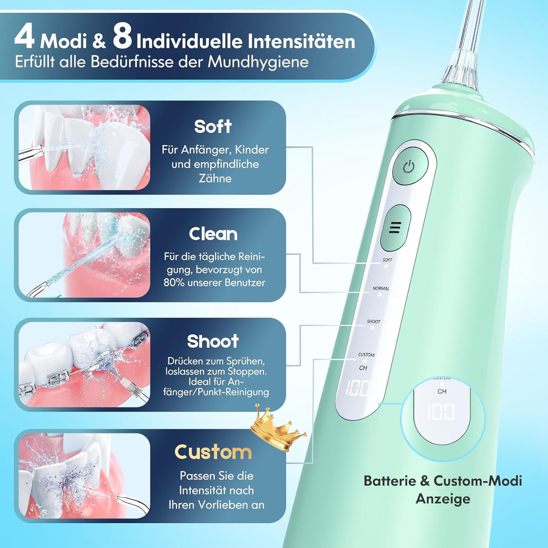 Munddusche Kabellos, Water Flosser for Teeth Mit 4 Modi & 8 Anpassbaren Stufen 7 Düsen 300ML Tank Mu