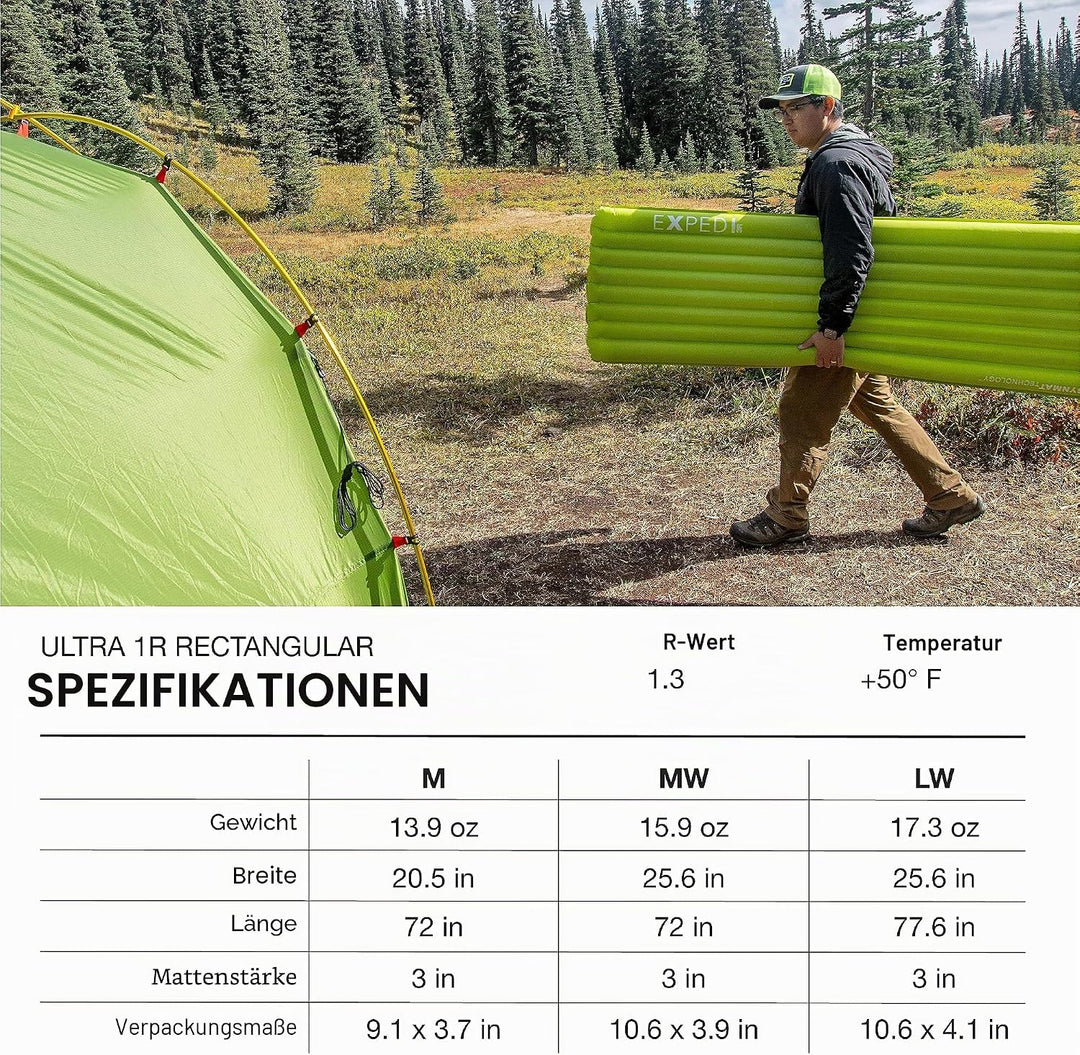 Exped Ultra 1r Lw Grün - Leichte komfortable Trekking Schlafmatte, Grösse 197 cm - Farbe Lichen 1R: