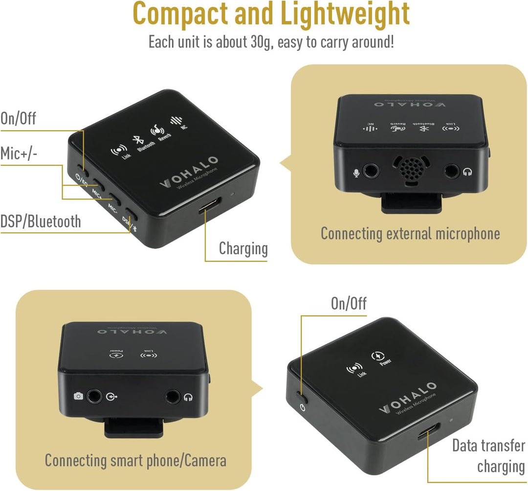 VOHALO Lavalier Mikrofon Wireless mit Echtzeitüberwachung Audio Ducking Begleitung Reverb Stummschal