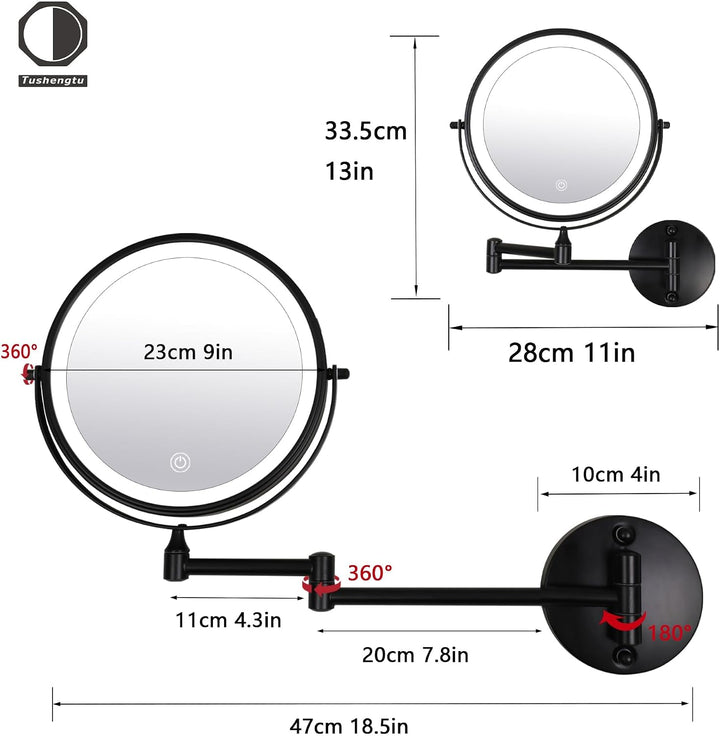 9" Gross Kosmetikspiegel Mit Beleuchtung Wandmontage USB Rasierspiegel Dusche Wandmontage 10X/1X Ver