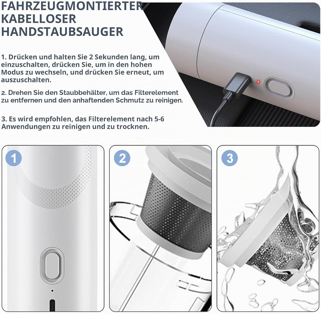 Handstaubsauger Akku, 9000Pa Auto Handstaubsauger Kabellos Stark mit Type-C Schnellladung, Auto Stau
