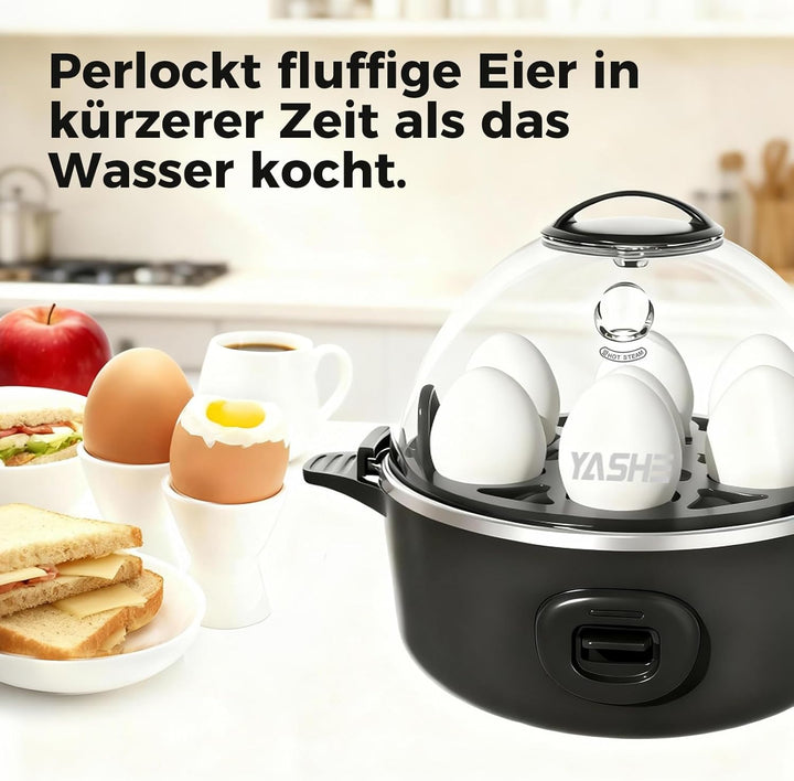 YASHE Eierkocher, elektrischer Eierkocher für 7 Eier für hart, mittel und weich gekochte Eier, Eierb