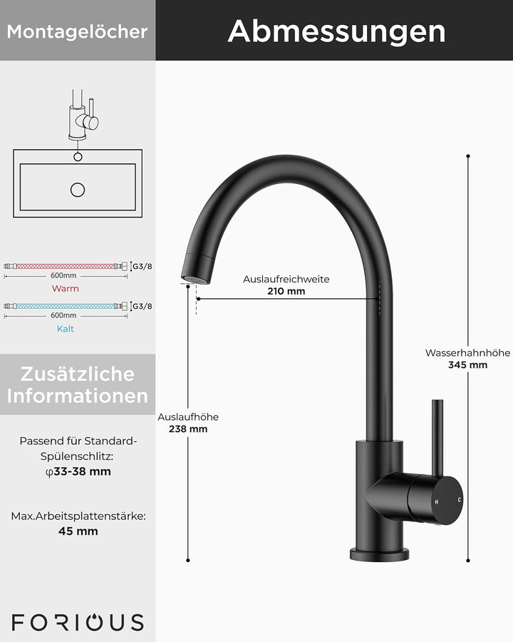 FORIOUS Wasserhahn Küche, Mischbatterie Armatur, Edelstahl, 360° Schwenkbar, Einhebel-Warm- und Küch