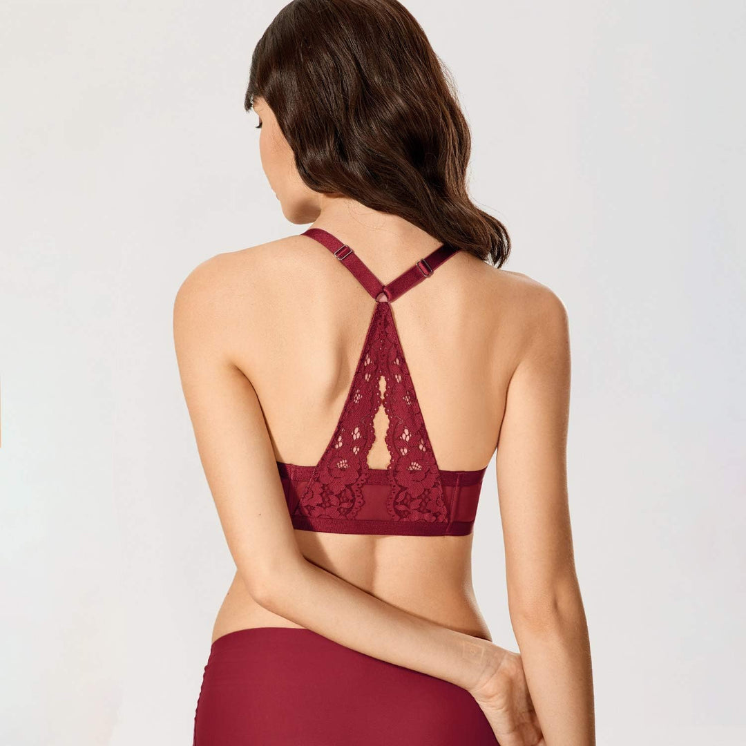 DOBREVA Damen Vorderverschluss BH mit Bügel Push Up Spitzen Neckholder BHS Racerback Tiefer Ausschni