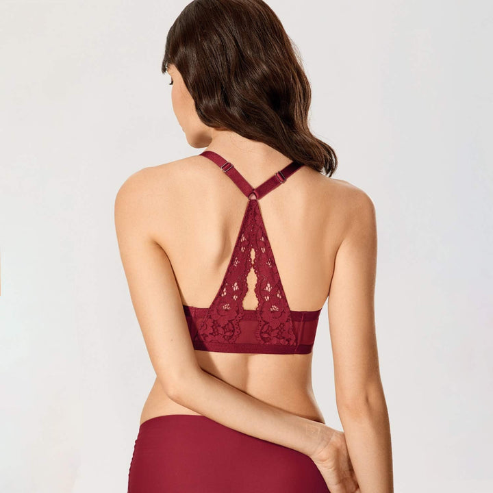 DOBREVA Damen Vorderverschluss BH mit Bügel Push Up Spitzen Neckholder BHS Racerback Tiefer Ausschni
