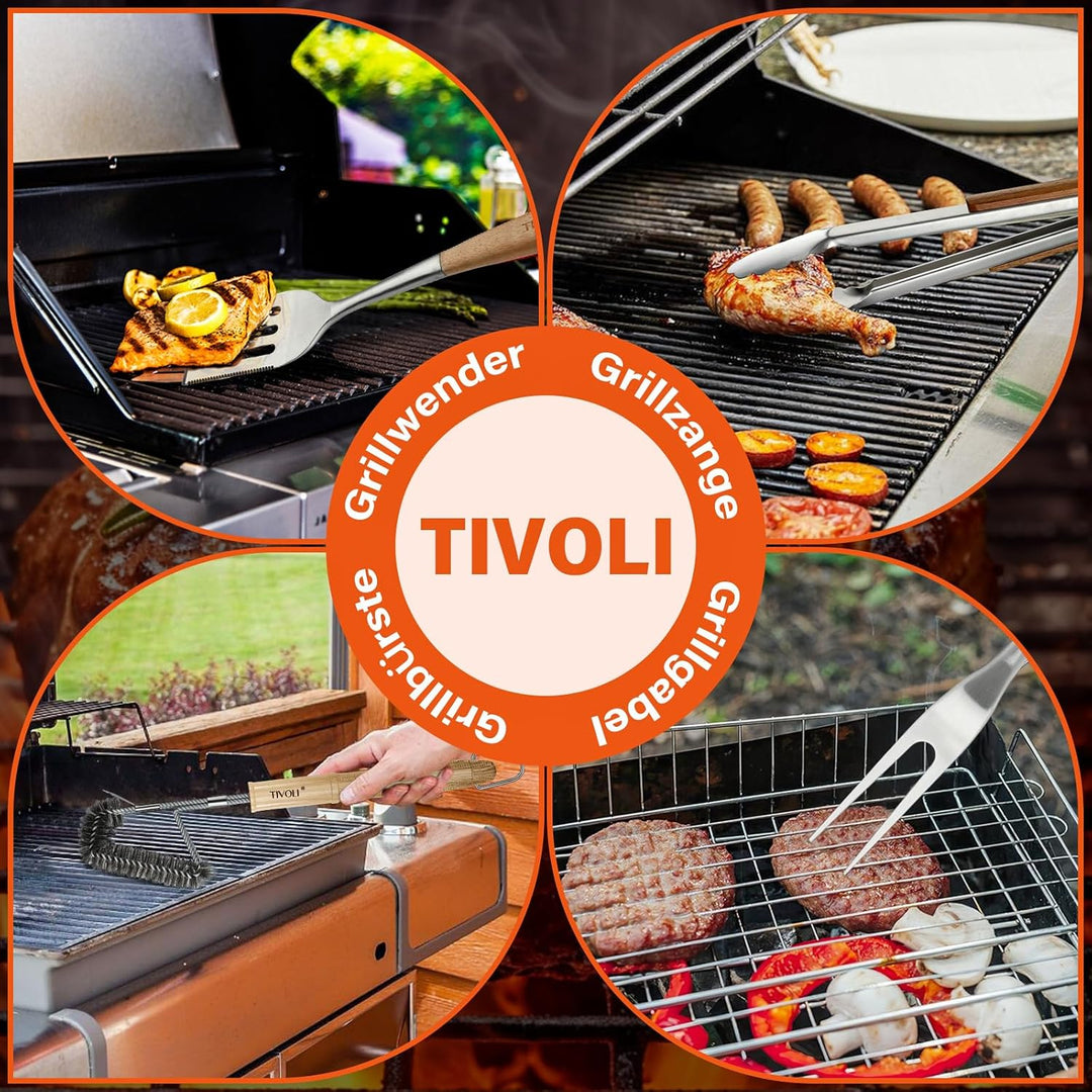 TIVOLI Grillbesteck Set 4-teilig, aus hochwertigem Edelstahl Gefertigt, mit Sicheren Holzgriffen, in