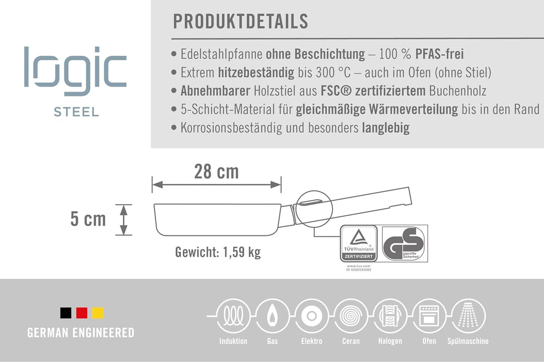 Woll Logic Steel Flachpfanne - Induktiv -, Ø 28 cm, 5 cm hoch mit abnehmbarem nachhaltigem Holzstiel