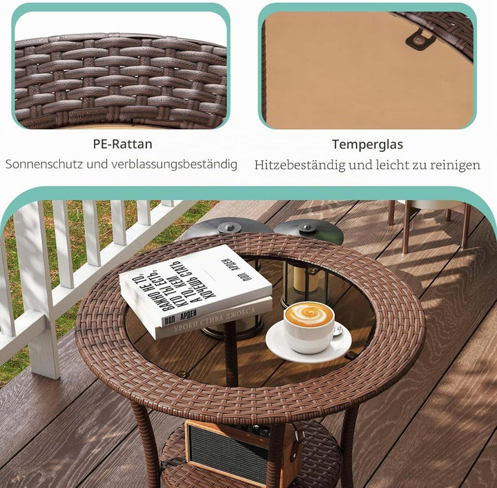 GIANTEX Rattan Bistrotisch Gartentisch, Balkontisch rund Couchtisch 2 Ebenen, Glastisch Terrassentis