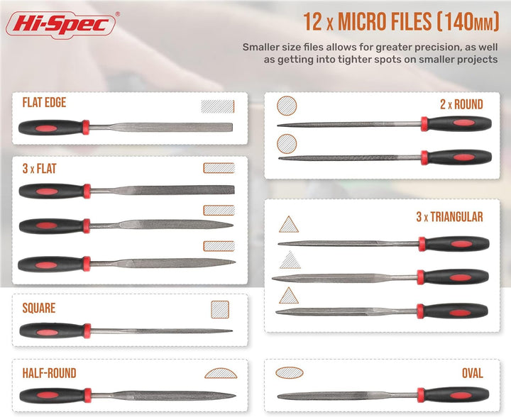 Hi-Spec Feilen Set. 16 tlg. Feilen Set mit 4 x 200mm Feile flach, halbrund, rund, dreieckig 8 x 140m