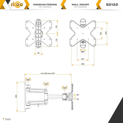 RICOO TÜV geprüfte TV Wandhalterung Fernseher Schwenkbar für 15-37 Zoll, Universal TV Halterung S212