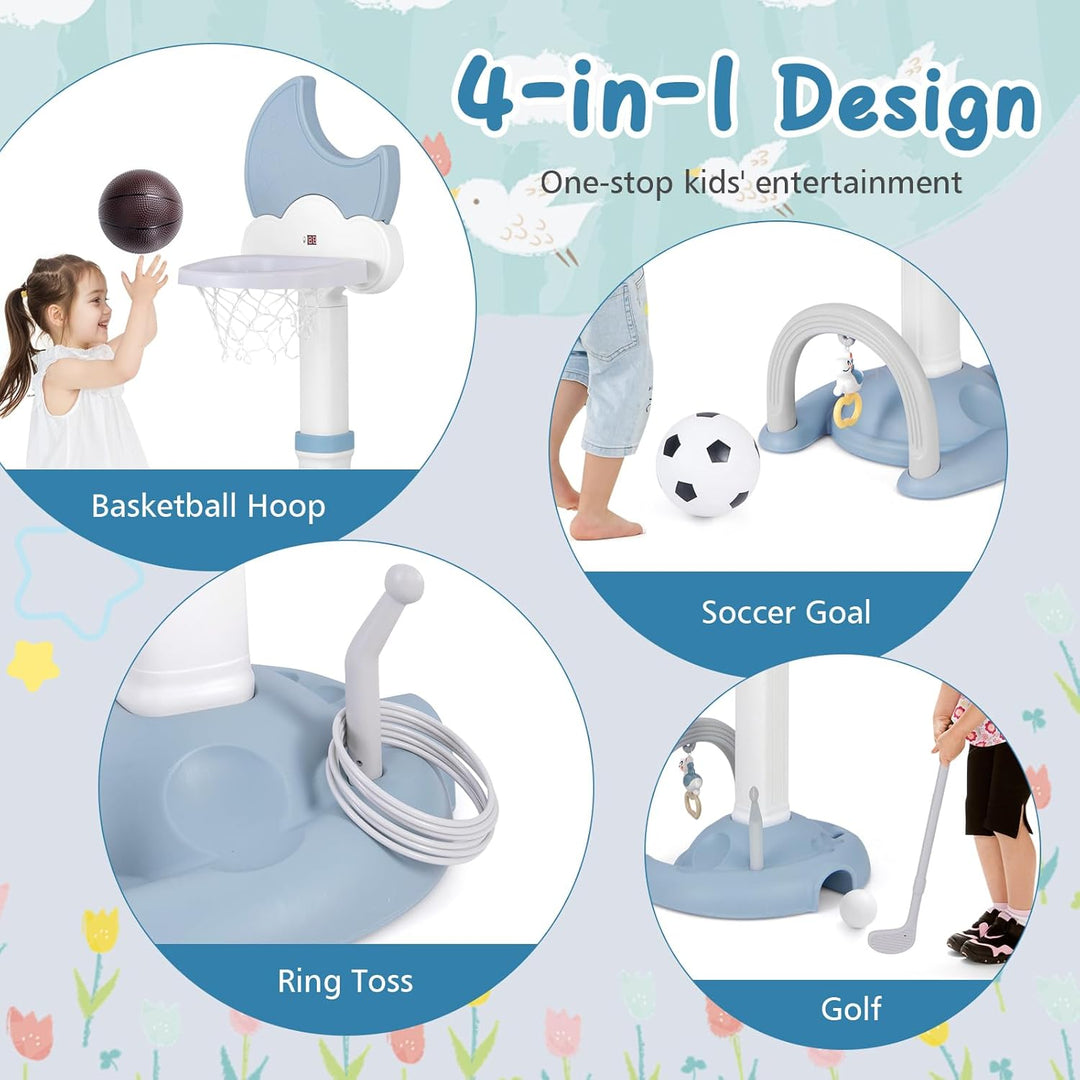 HOMASIS 4 in 1 Kinder Basketballkorb Set, multifunktional Basketballständer mit Fussballtor & Golf &