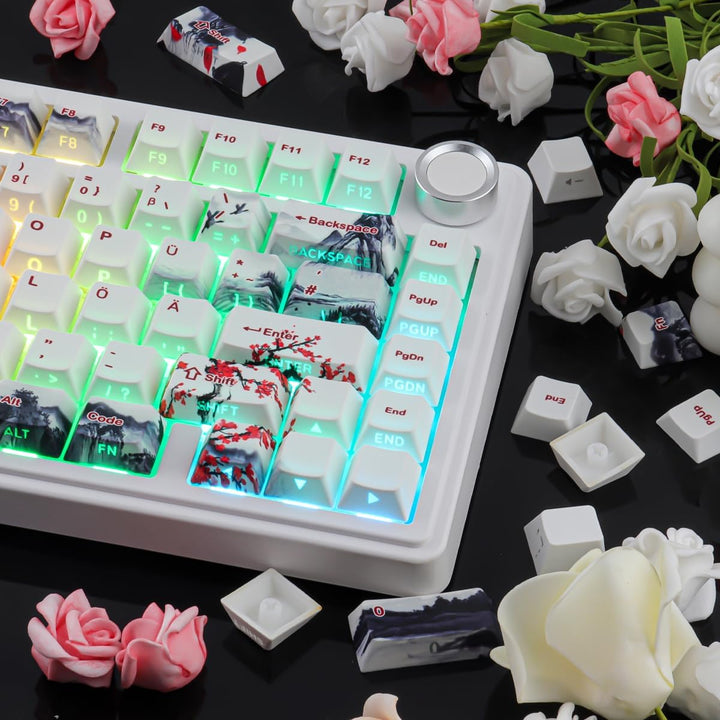 PBT German Keycaps, 133 Keys Double Shot Landscape Plum Blossom Keycaps Dye-Sub Cherry Profile Side