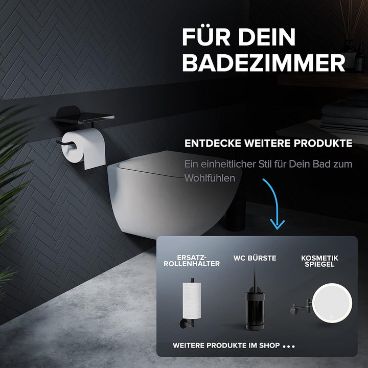 Toilettenpapierhalter Remoya mit Glasablage ohne Bohren schwarz | Klopapierhalter selbstklebend schw