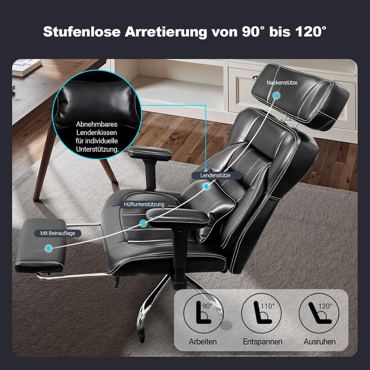 BASETBL Bürostuhl 200kg, Chefsessel mit 4-stufiger Gasdruckfeder, 3D Armlehnen, Verstellbarer Lenden