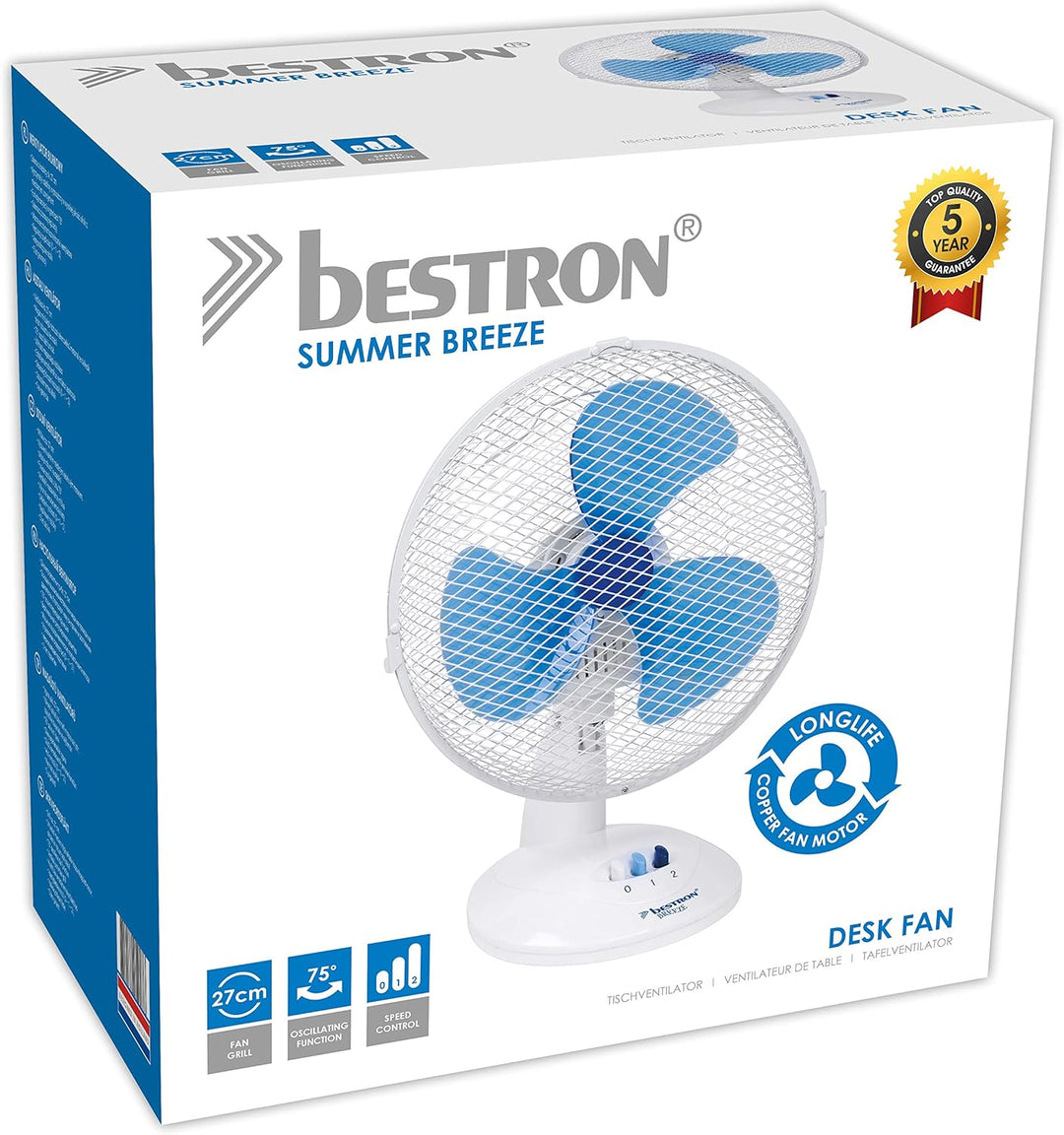 Bestron Mobiler Tischventilator Ø 27cm, kleiner Ventilator 2 Geschwindigkeitsstufen & 75° Oszillatio