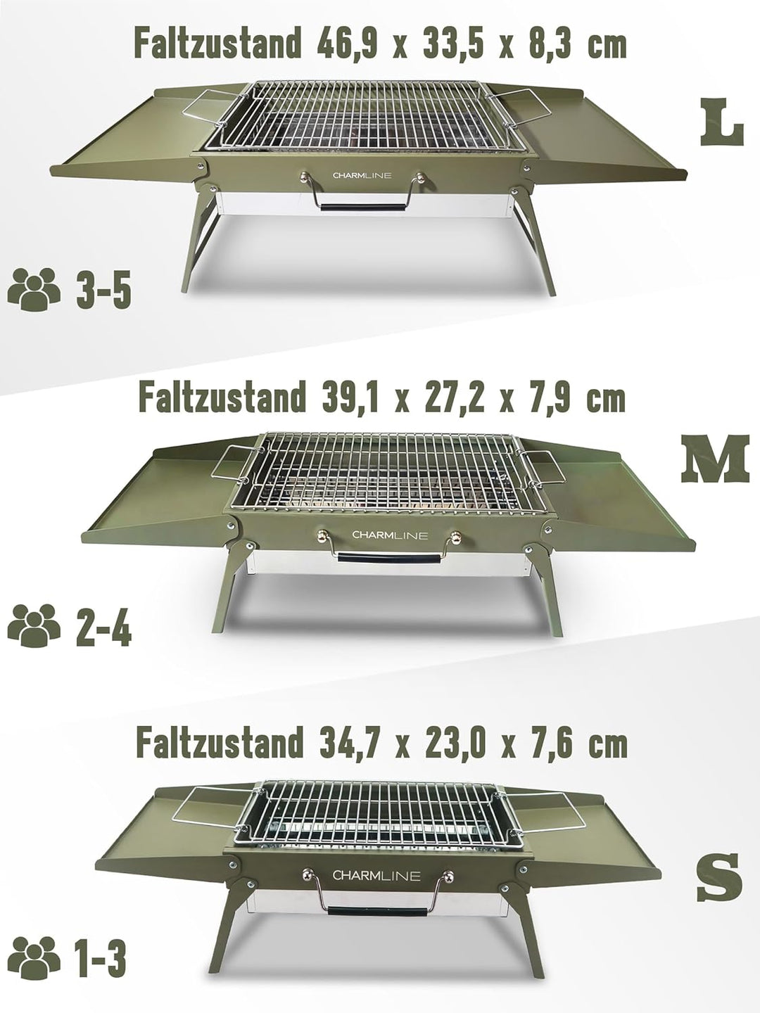 Charmline Tragbarer Holzkohlegrill, Klappbarer Campinggrill 39 x 27 cm für 2–4 Personen, Kleiner BBQ