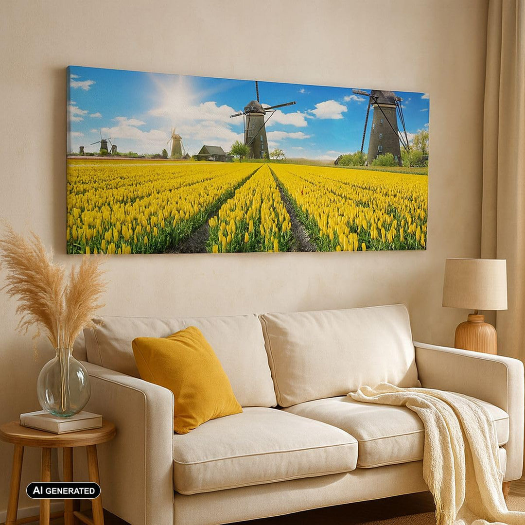 ARTTOR Wandbilder Dekoration Wohnzimmer Tulpen Windmühle Wiese Landschaft Bilder auf Leinwand 120x50