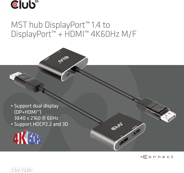 Club 3D MST Hub DisplayPort™ 1.4 auf DisplayPort™ + HDMI™ 4K60Hz St./B. CSV-7220, CSV-7220