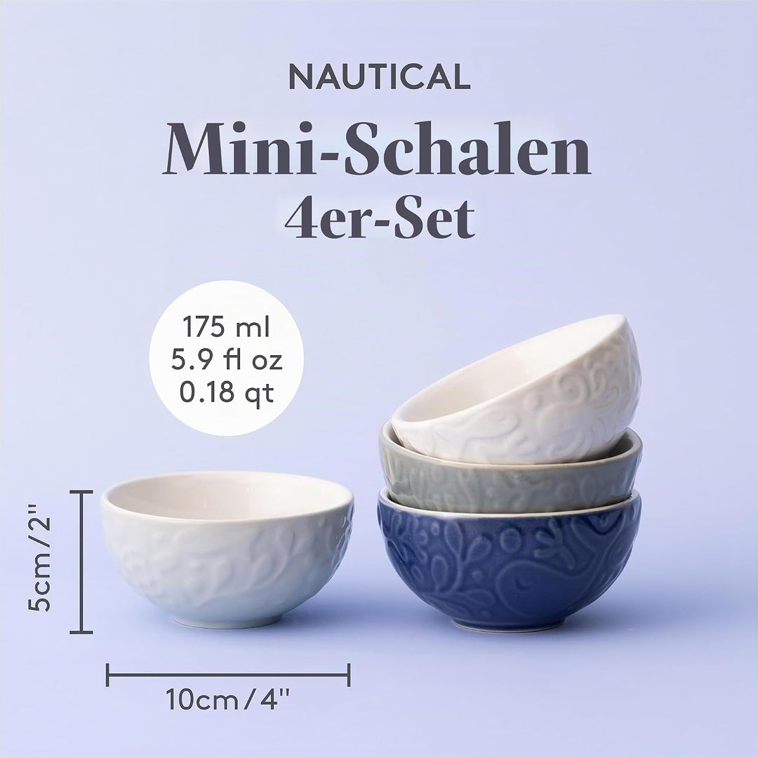 Mason Cash Nautische Vorbereitungsschalen, 4er-Set, je 175 ml, Steingut-Töpfe mit geprägtem Meeresle