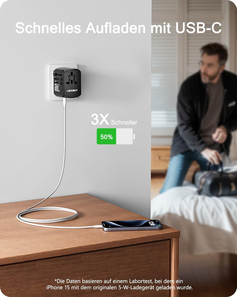 LENCENT Reiseadapter Reisestecker Weltweit mit 3 USB- und 1 Typ-C Anschlüsse und AC Steckdosenadapte