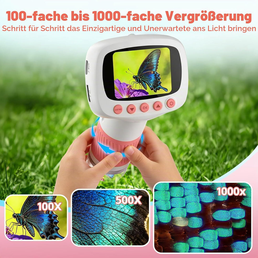 Mikroskop für Kinder ab 3 Jahren, 1000X Tragbares Handmikroskop mit 2&