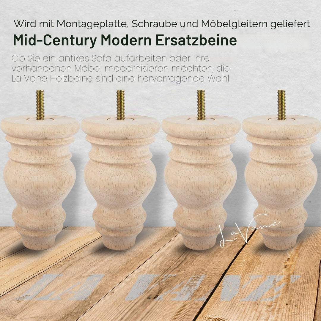 LA VANE 4 Stück Möbelfüsse aus Massivholz - 12cm Höhe, Unlackiert, Spindelform mit M8 Bolzen & Monta